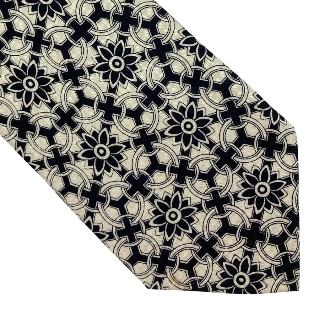 René Chagal Silk Tie Mens OS Black Cream Geometric Floral Hand Made 58